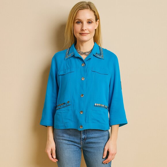 Ruby Rd. Petite Beaded Button Jacket Top | Vibrant Blue Statement Layer - Picture 1 of 9